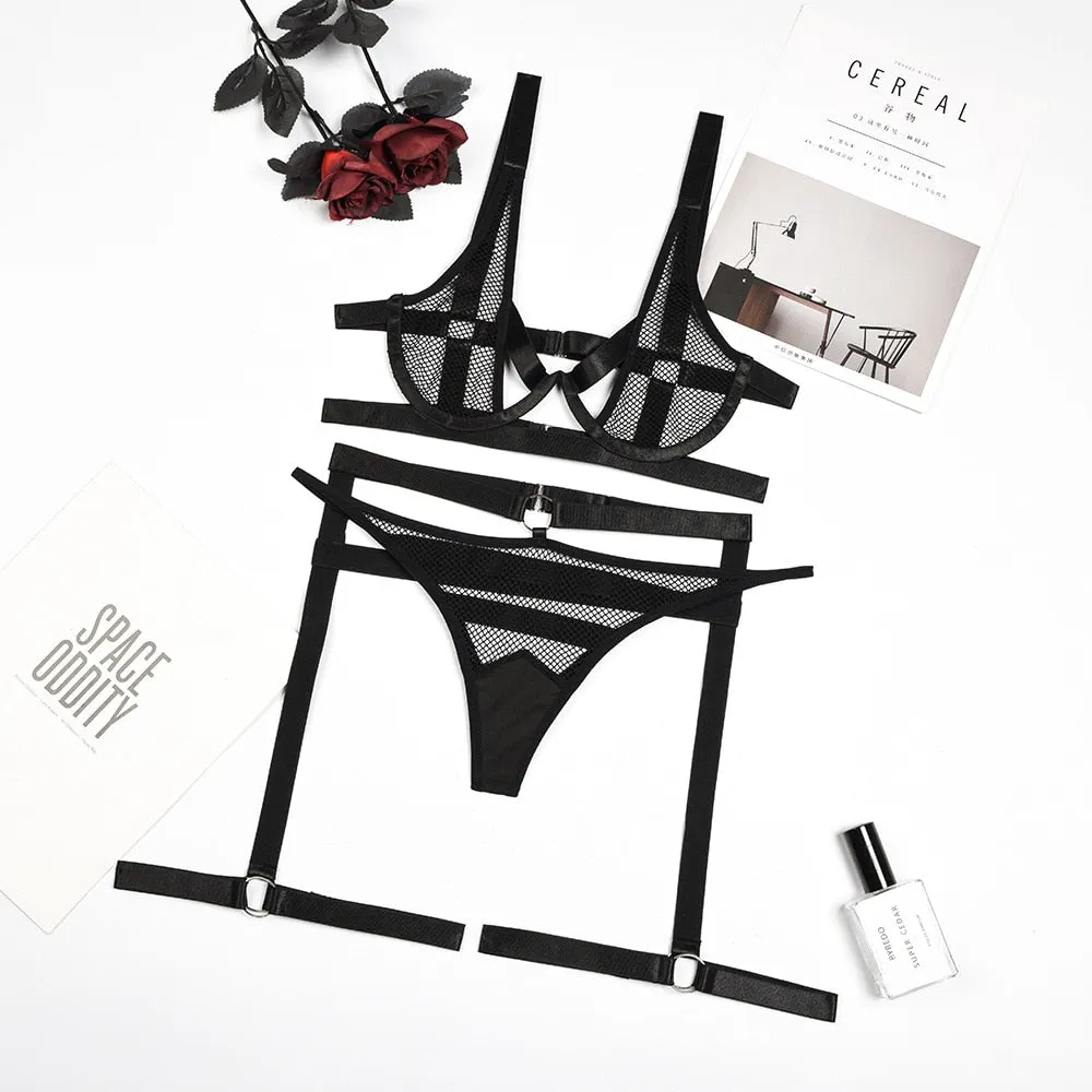 MIRABELLE Sensual Lingerie Hollow Out Women's Underwear Erotic Brief Set Push Up Bra And Thongs 2 Piece Transparent Set