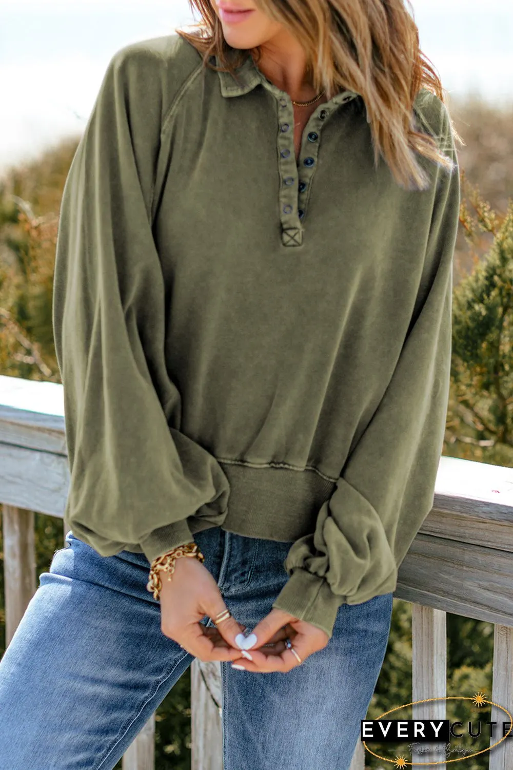 Green Washed Snap Buttons Lantern Sleeve Pullover Sweatshirt