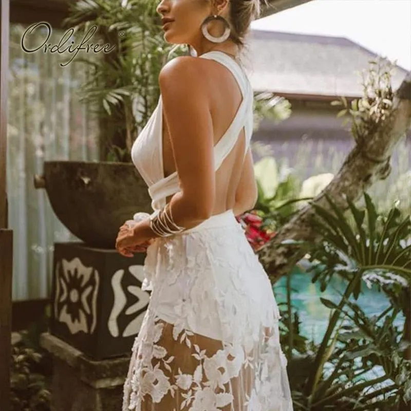 Ordifree 2022 Summer Women Sexy Long Dress Transparent White Lace Backless Sleeveless Maxi Tunic Beach Dress