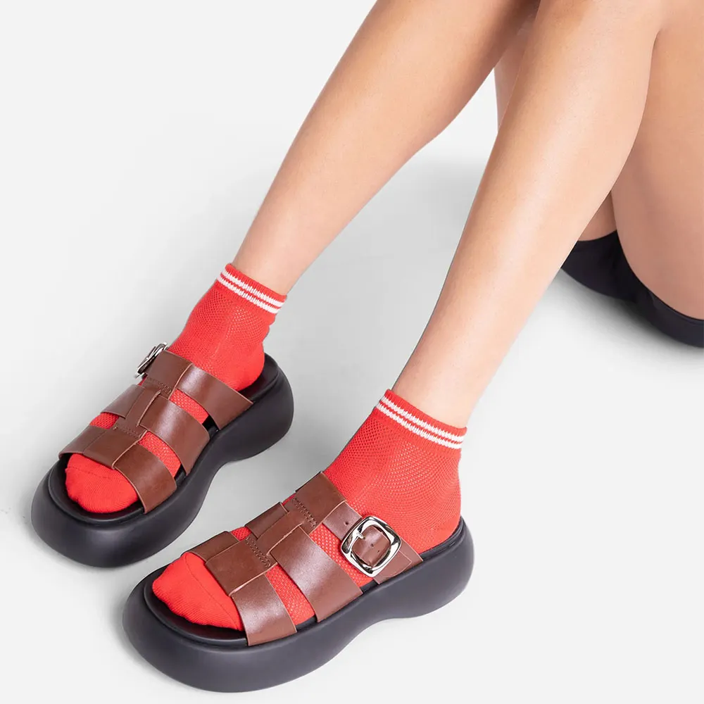 Brown Faux Leather Round Toe Platform Mules Sandals with Buckle 