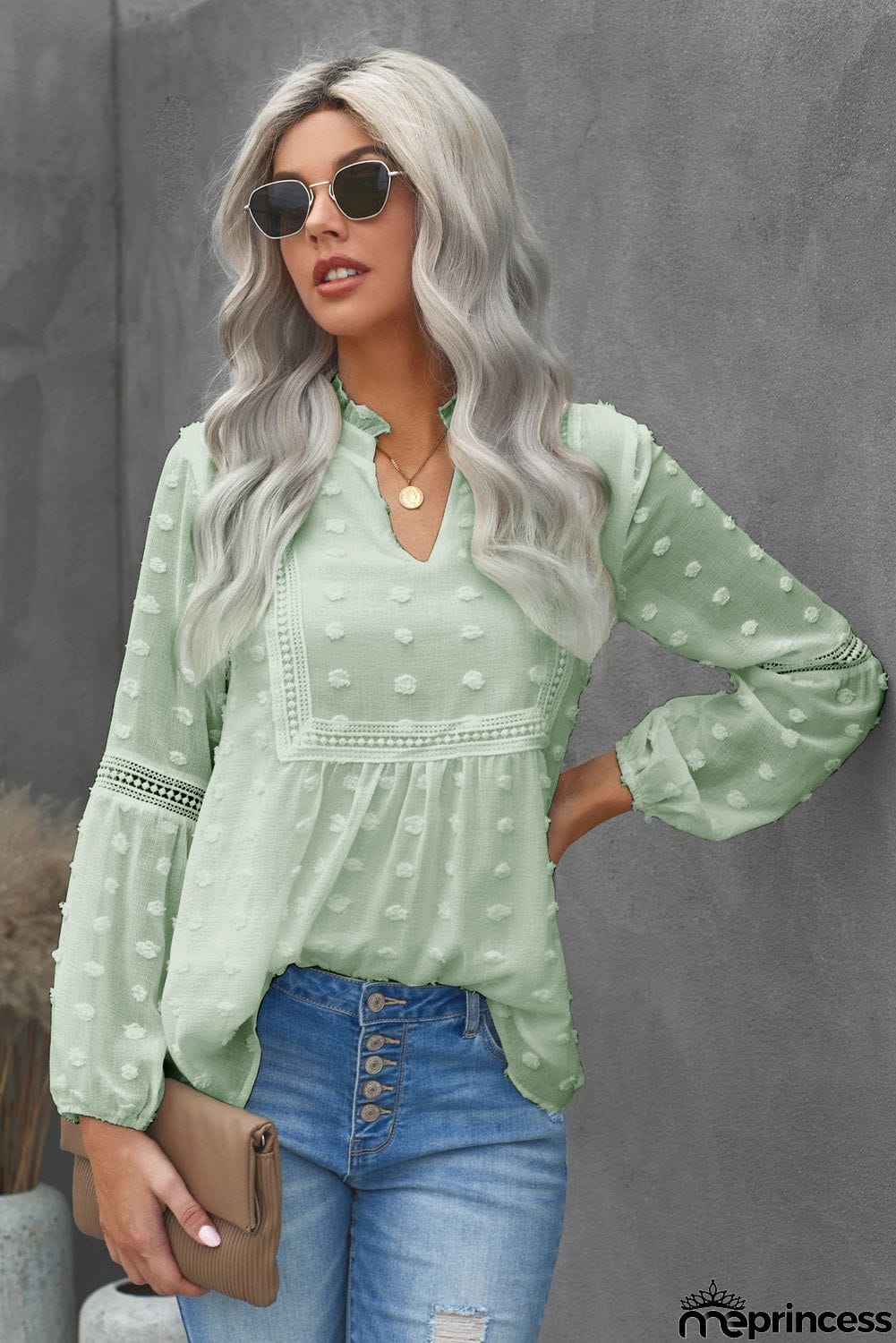 Chic Green Ruffled Split Neck Lace Hollow Out Long Sleeve Polka Dot Blouse