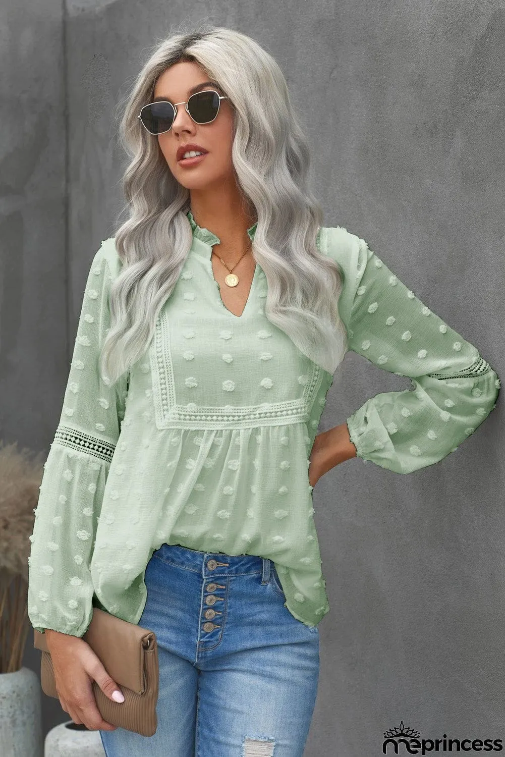 Chic Green Ruffled Split Neck Lace Hollow Out Long Sleeve Polka Dot Blouse