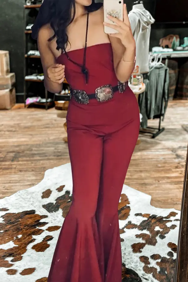 Western Tube Top Flared Jumpsuit