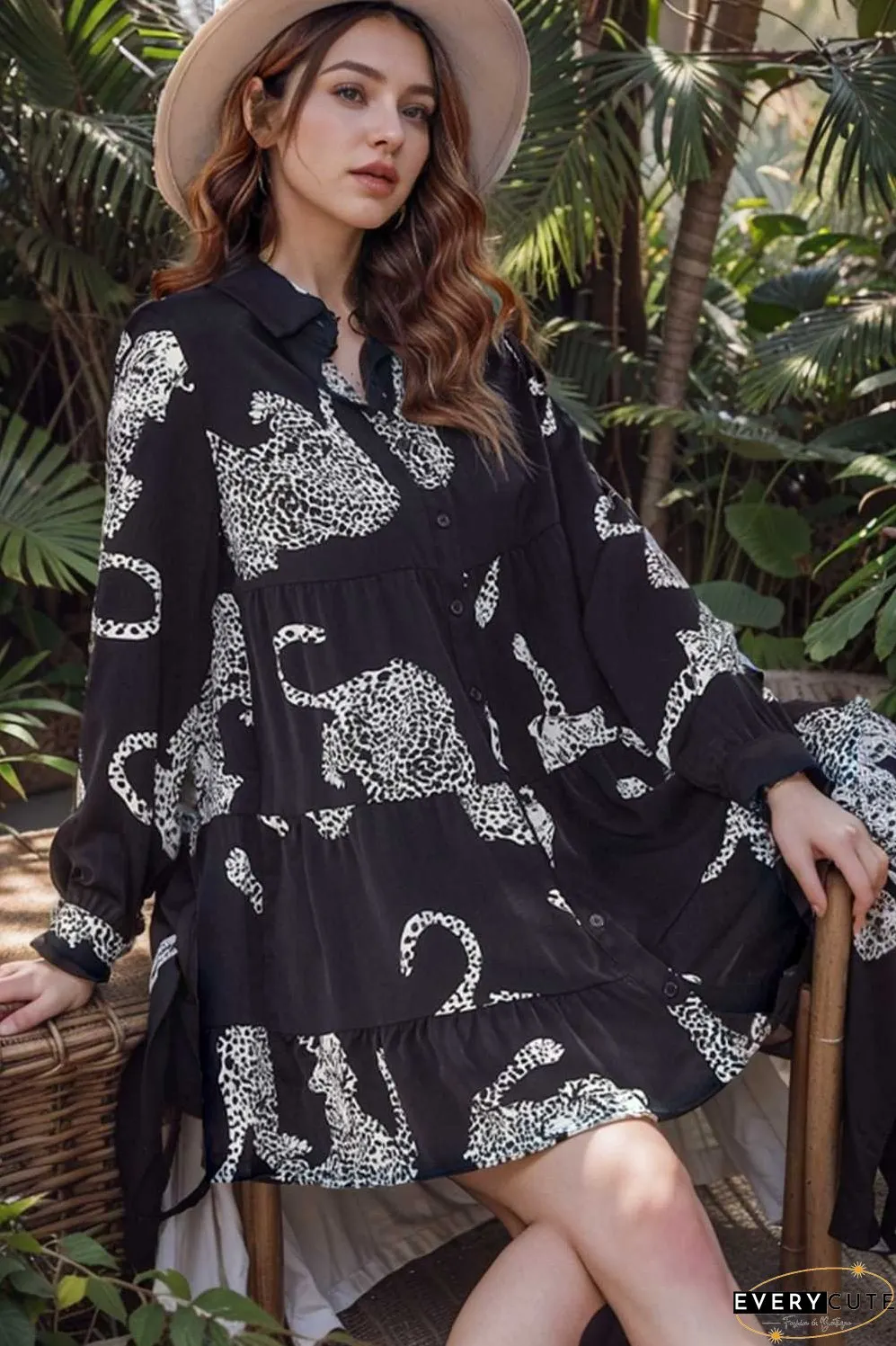 leopard print collared button up shirt dress with ruffled sleeves