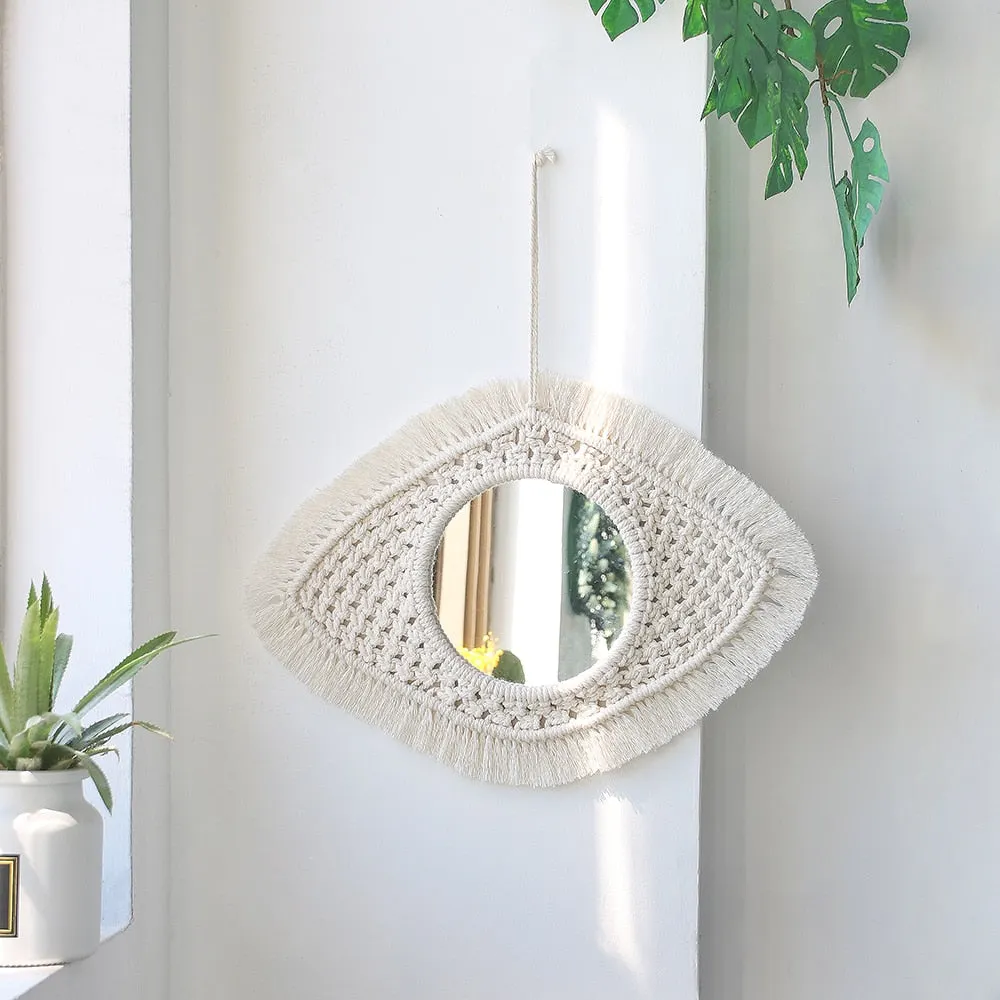 Boho Mirror Home Decor Aesthetic Macrame Wall Hanging Decorative Wall Mirrors For Apartment Livingroom Bedroom Room Decoration
