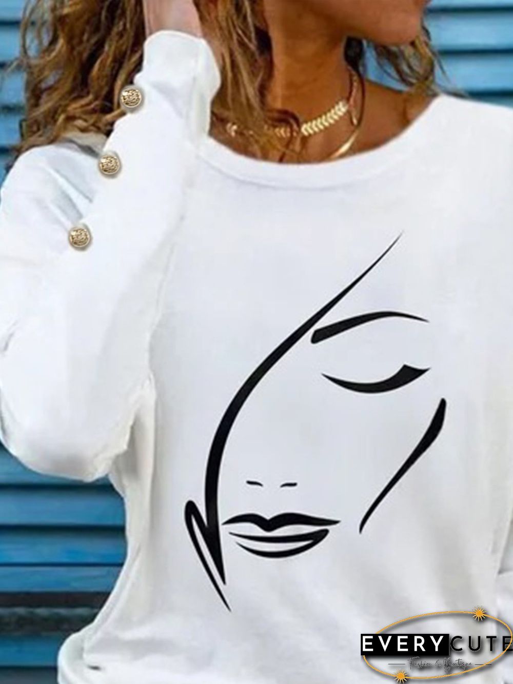 Abstract Face Printed Long Sleeves Crew Neck Plus Size Casual Tops