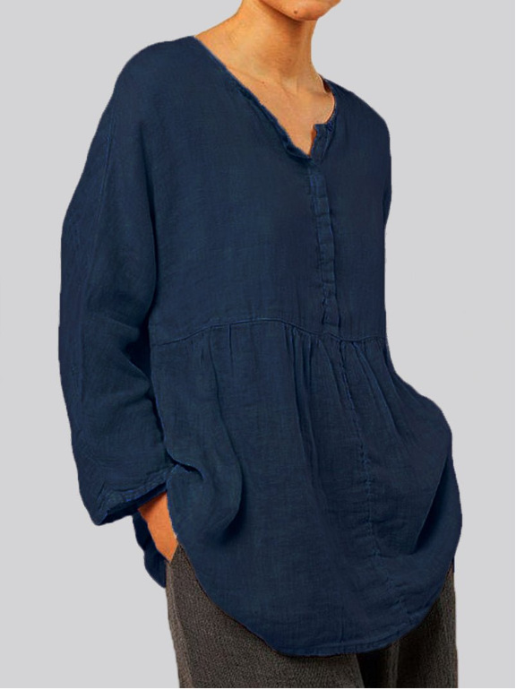 Plus Size  Cotton Casual V-neck Long Sleeve Tunic Tops