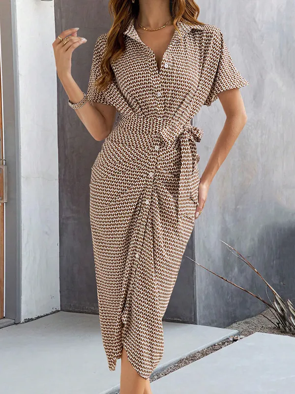 Buttoned Pleated Tied Waist Half Sleeves High Waisted V-Neck Midi Dresses