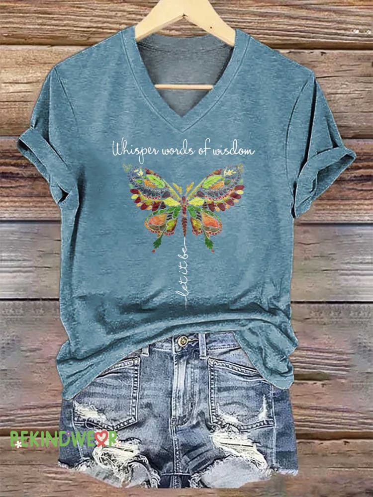 Women&rsquo;s Whisper Word Of Wisdom Let It Be V-neck Casual T-Shirt Blue / S