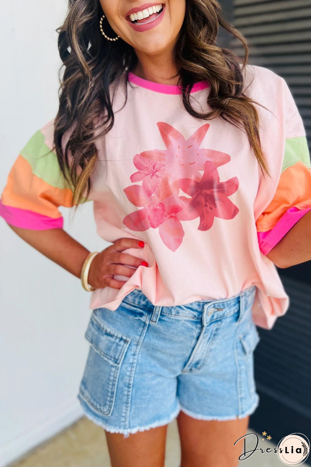 Pink Flower Color Block Half Sleeve Loose T Shirt