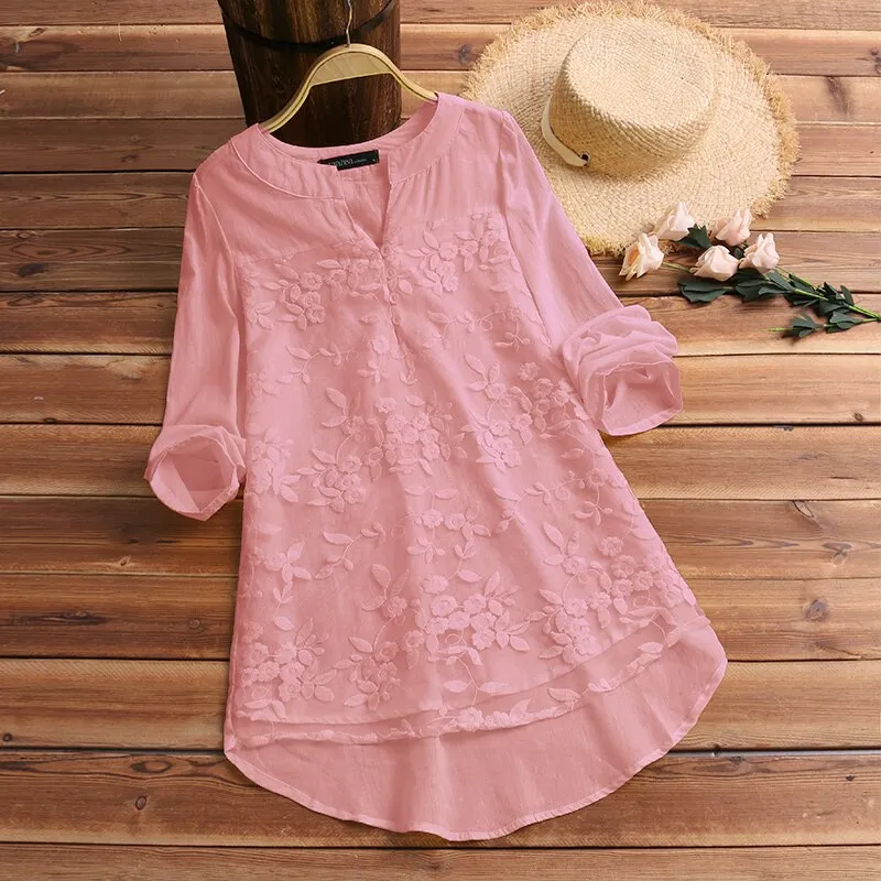 2022 ZANZEA Cotton Linen Tops Women Blouse Elegant V Neck Long Sleeve Shirt Casual Autumn Lace Shirts Vintage Embroidery Blusas