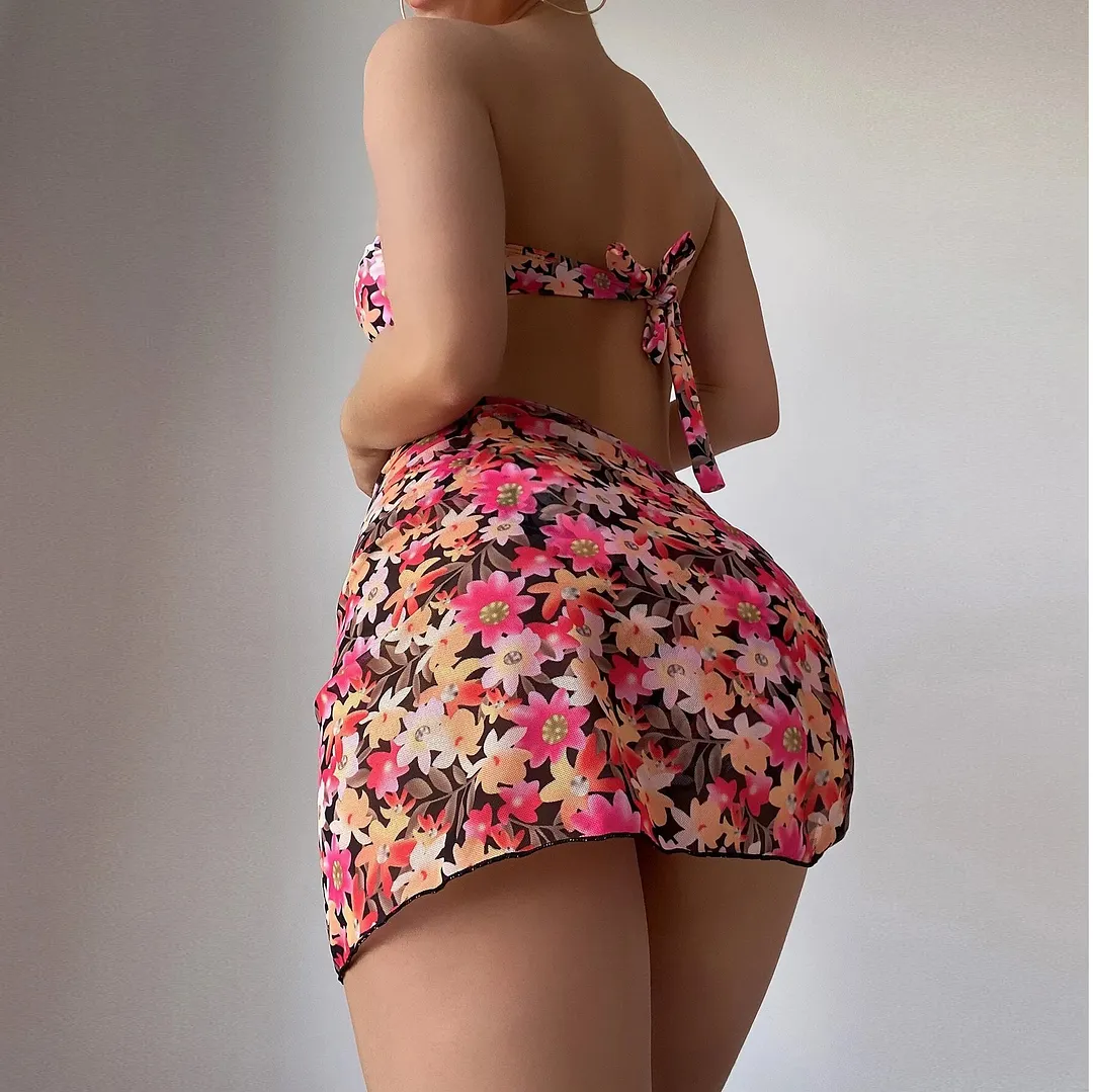Churchf 2025 Swimsuit Women Divided Metal U-Shaped Bikini Bikini Three-Piece Printed Swimsuit