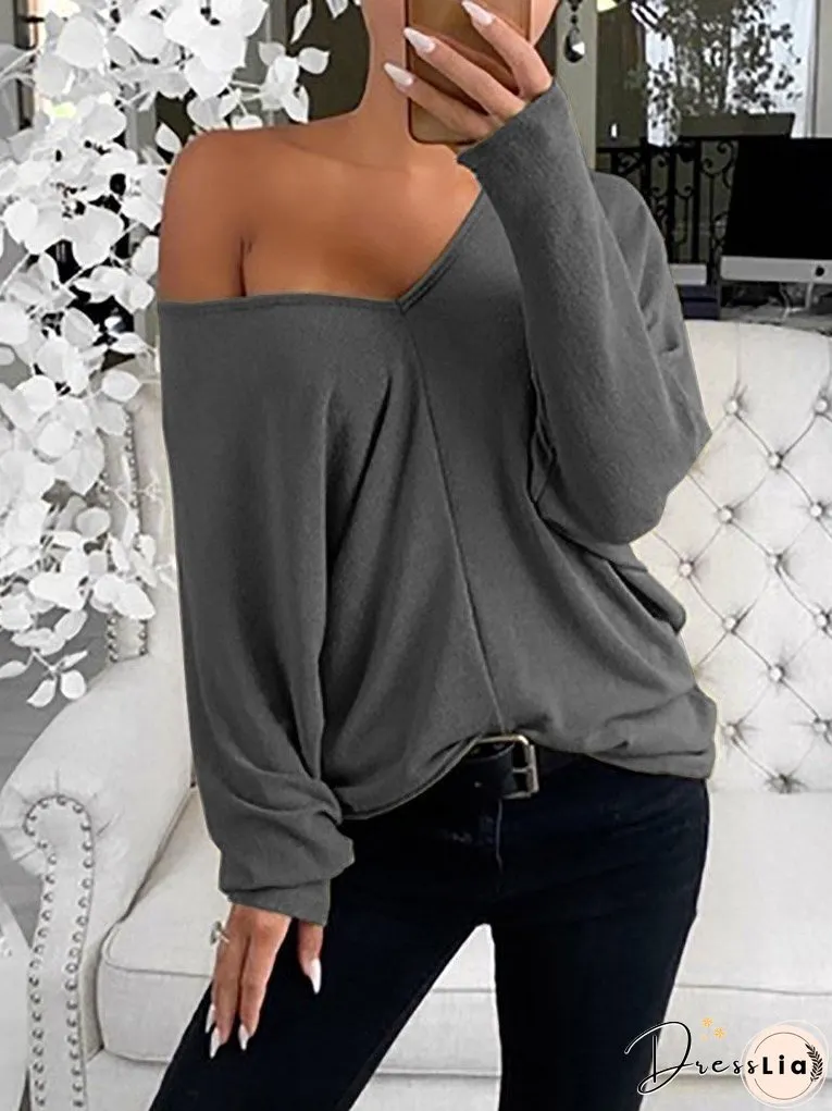 Women's T-Shirts Simple V-Neck Off-Shoulder Long Sleeve T-Shirt