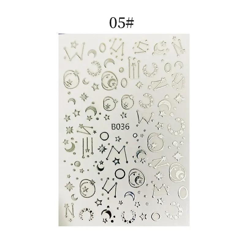 English Letter Design 3D Nail Stickers Iridescent Geometrics Gold Stars Moon Transfer Nail Art Sliders Decoration Accessories