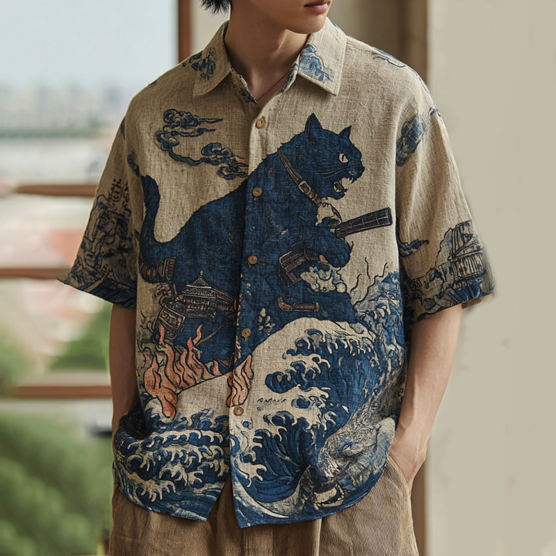 Men's Retro Cat Holding Fire With Wave Casual Short Sleeve Shirt