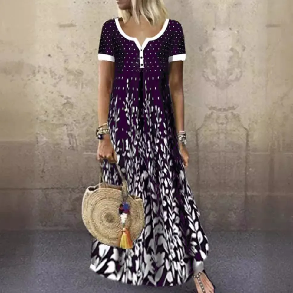 Churchf Churchf And Summer New Temperament Dress Cotton Positioning Printing V-Neck Short Sleeve Large-Size Dress