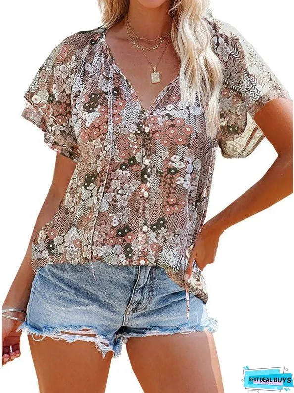 V-neck Half-placket Short-sleeved Loose Casual Shirt