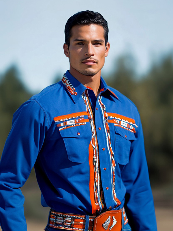 Navy Blue Native American Long Sleeves Ribbon Shirt