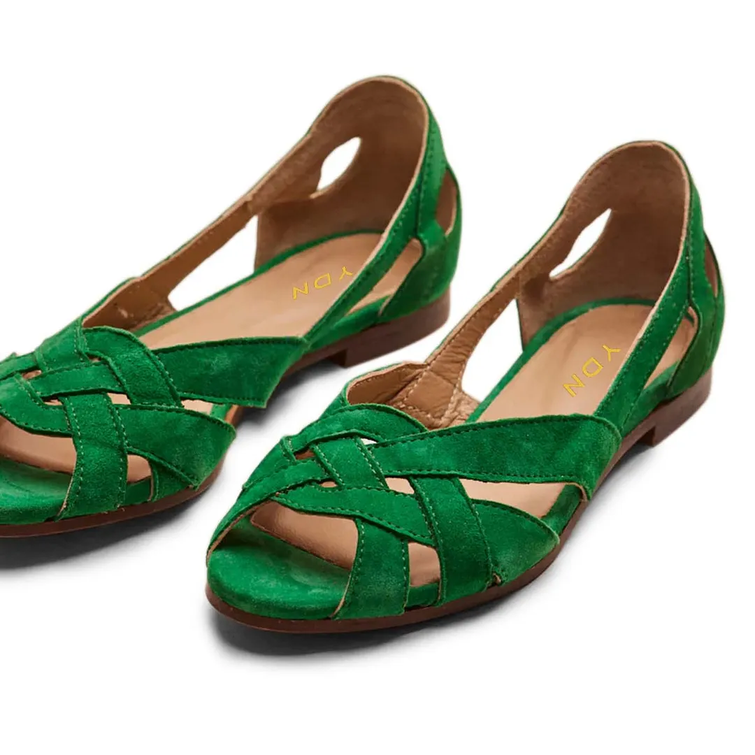 Green Vegan Suede Peep Toe Woven Details Sandal Flat Shoes Women