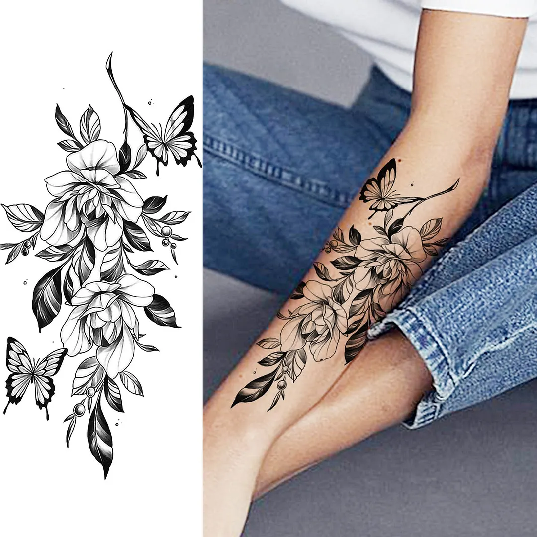 Black Lotus Pendant Temporary Tattoos For Women Adult Rose Flower Jewelry Fake Tattoo Fashion Calf Waterproof Half Sleeve Tatoos