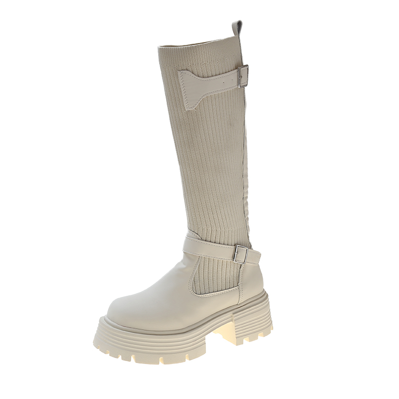 GOOSHOE Knitted Wool Splicing PU Women's Knee High Boots Thick Soled Rubber High Shoes High Waterproof Platform Street Socks Boots