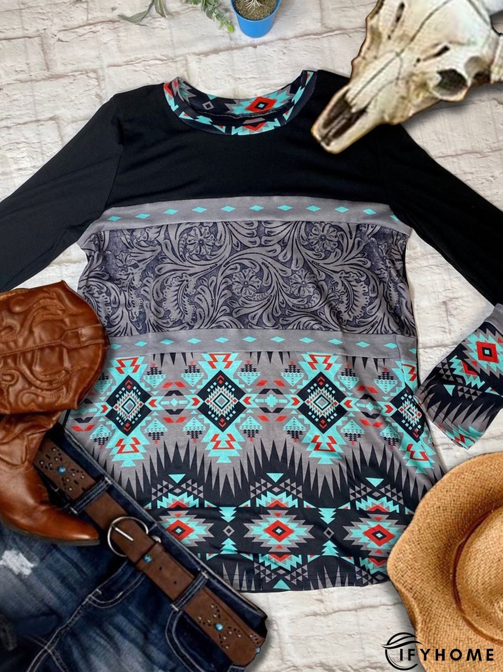 Long Sleeve Crew Neck Geometric Shift T-shirt | IFYHOME