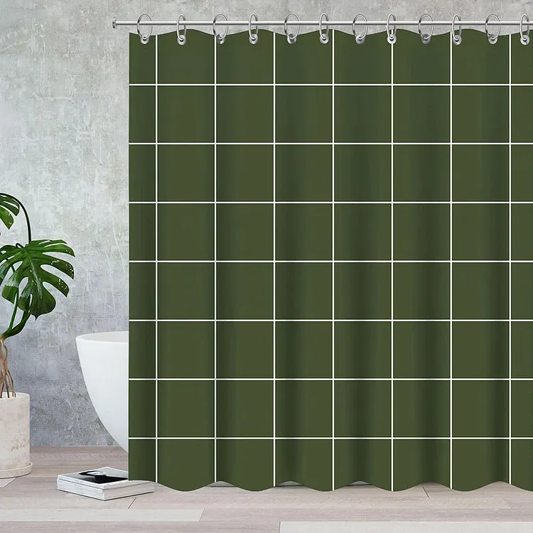 Classic Dark Green Plaid Waterproof Shower Curtains With 12 Hooks