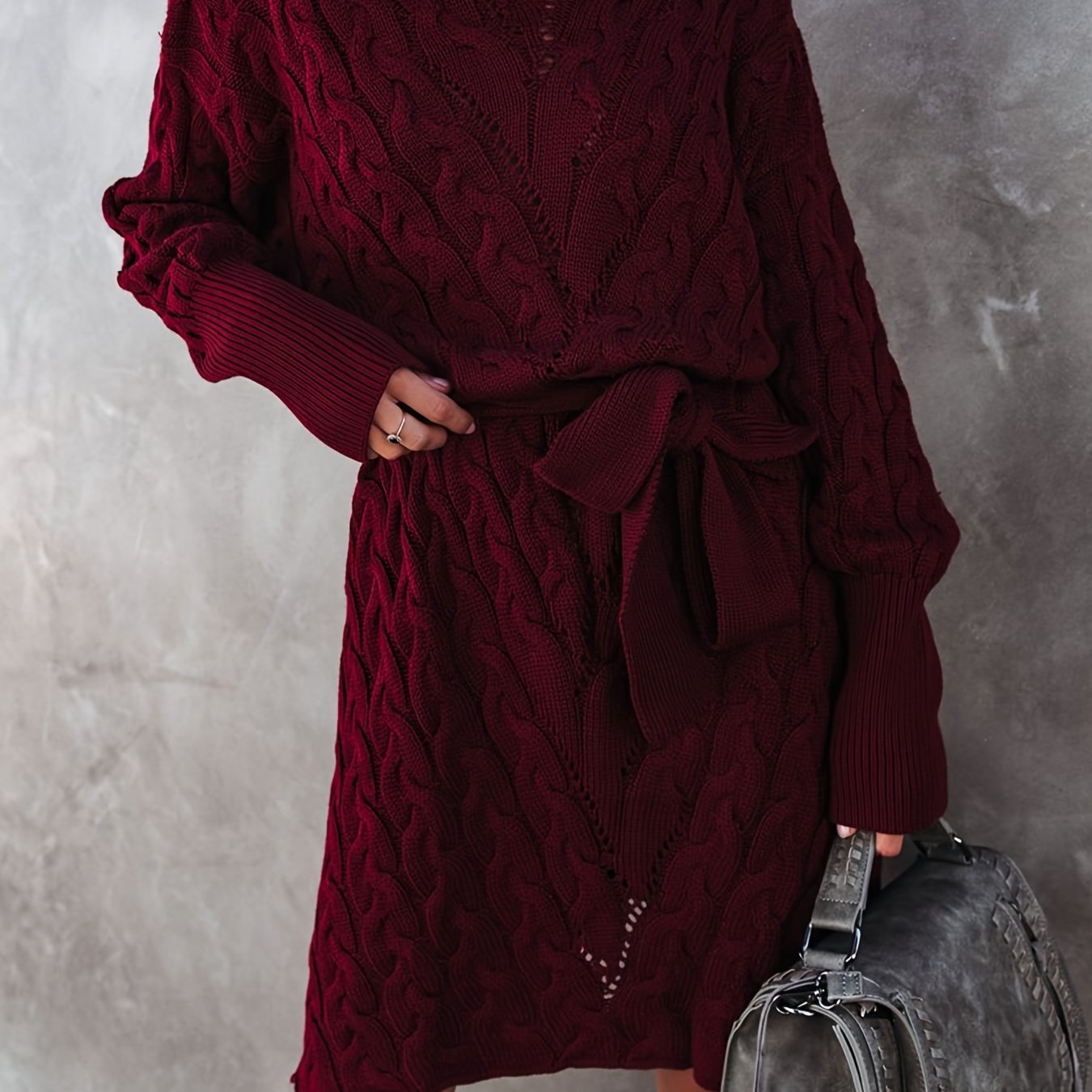 High Neck Shirred Sweater Dress, Loose Drawstring Long Sleeve Mid-length Knit Dresses, Women's Clothing