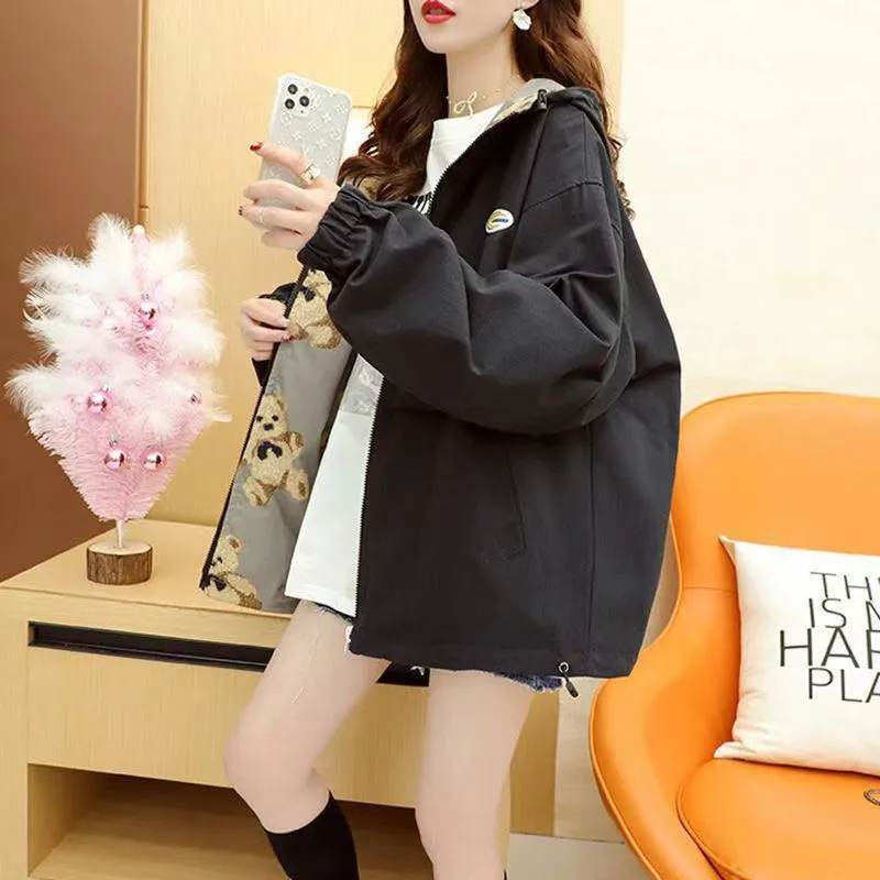 Suofun Casual 2021 New Fashion Print Korean Hooded Double-sided Student Coat Girls' Spring And Autumn Loose Zipper Windbreakers