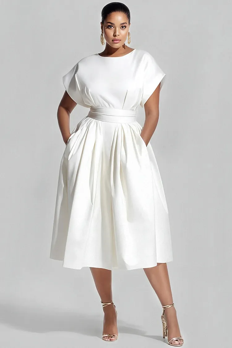 Xpluswear Design Plus Size Daily White Round Neck Short Sleeve Pocket Midi Dresses 2024 - Xpluswear