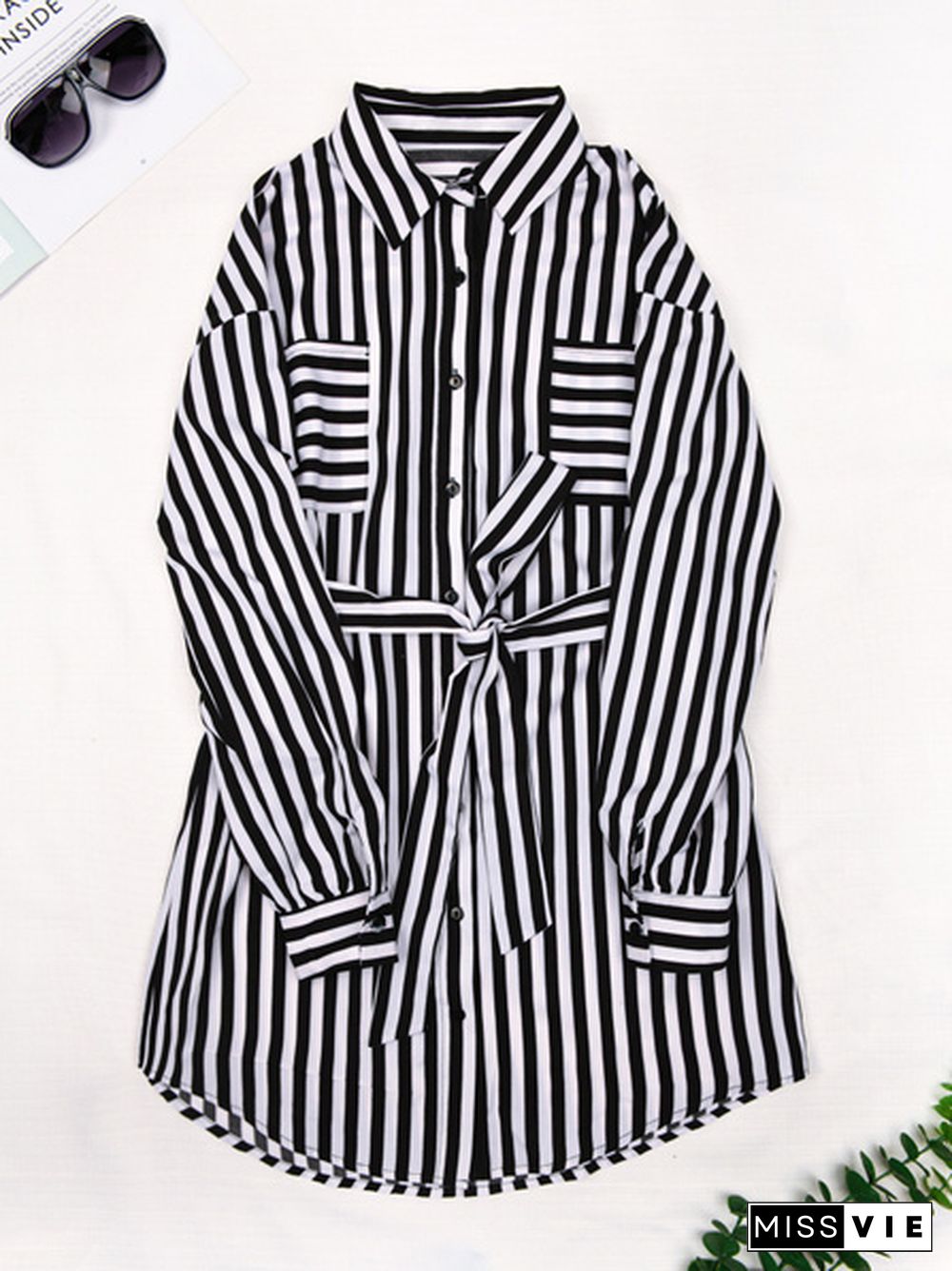 Patch Pocket Belted Striped Shirt Dress