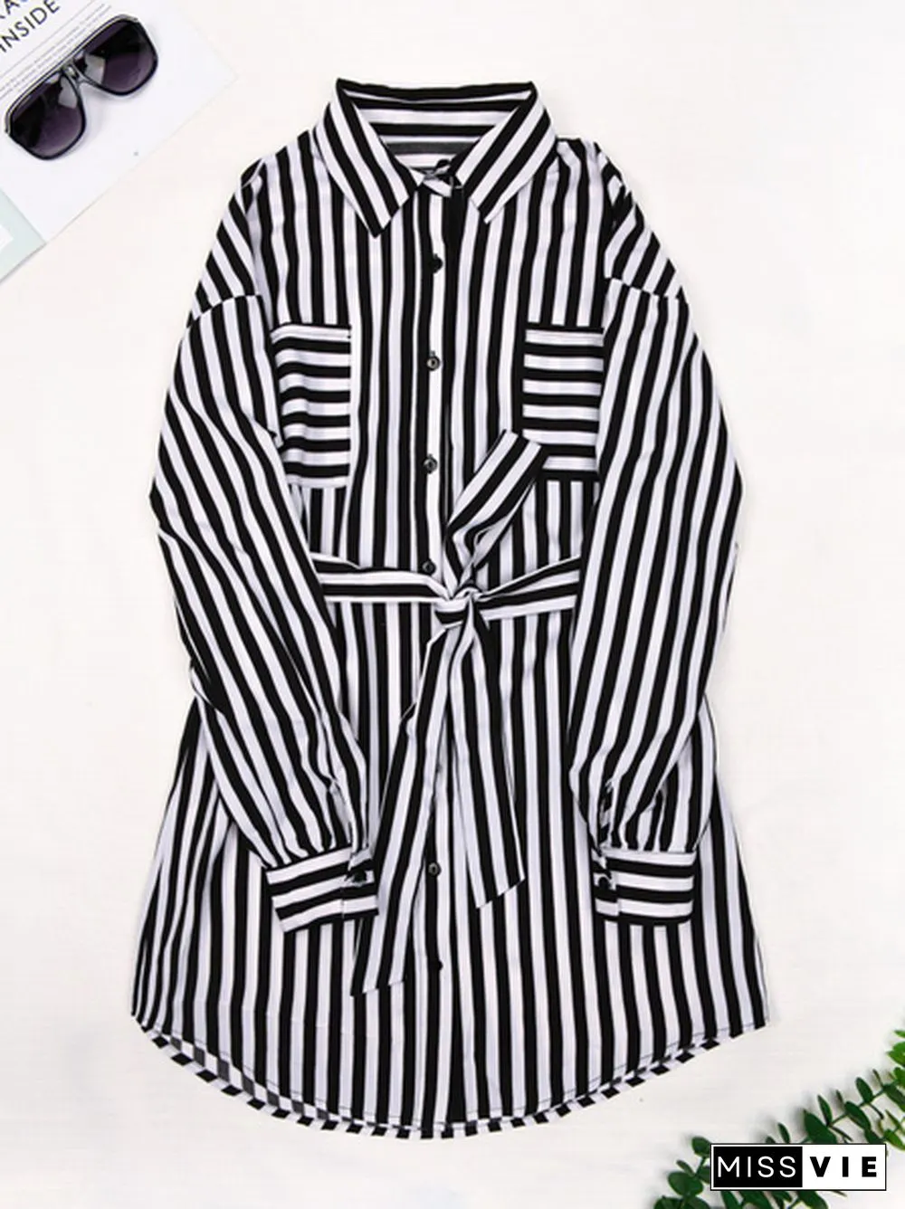 Patch Pocket Belted Striped Shirt Dress