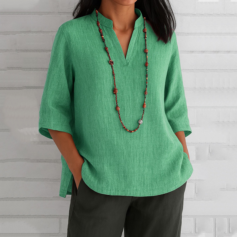Vintage Solid Color V-neck Linen Blend Shirt