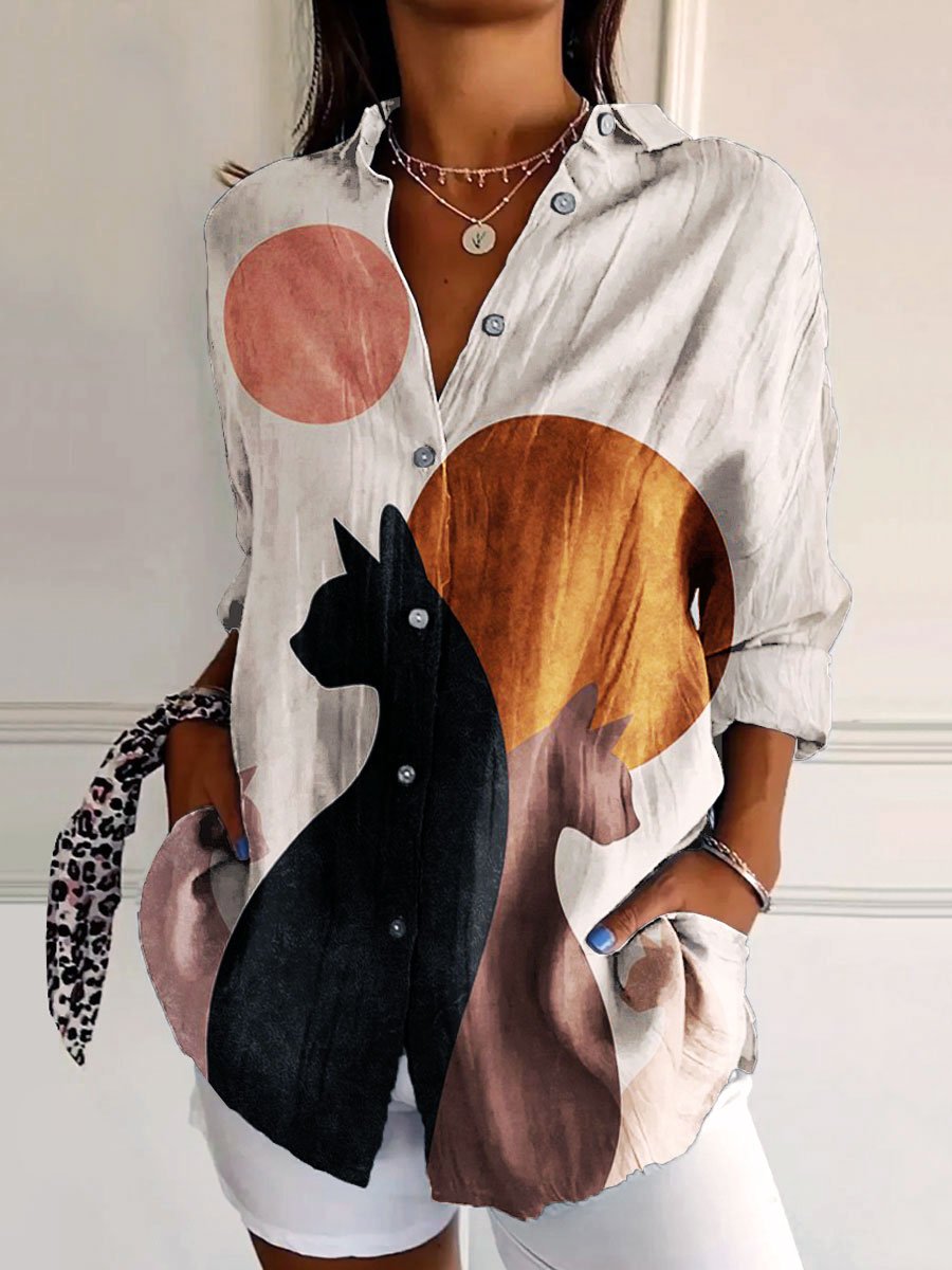 Women's Black Cat Art Print Casual Cotton Shirt