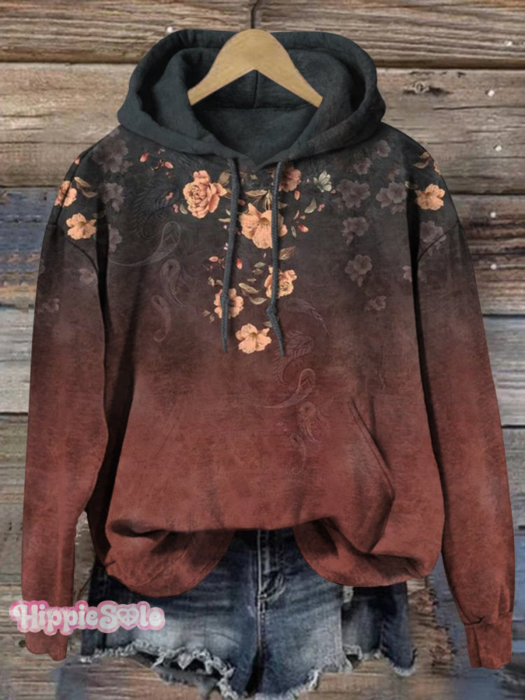 Women&rsquo;s Bohemian Gradient Floral Print Casual Pocket Hooded Sweatshirt Multicolor / S