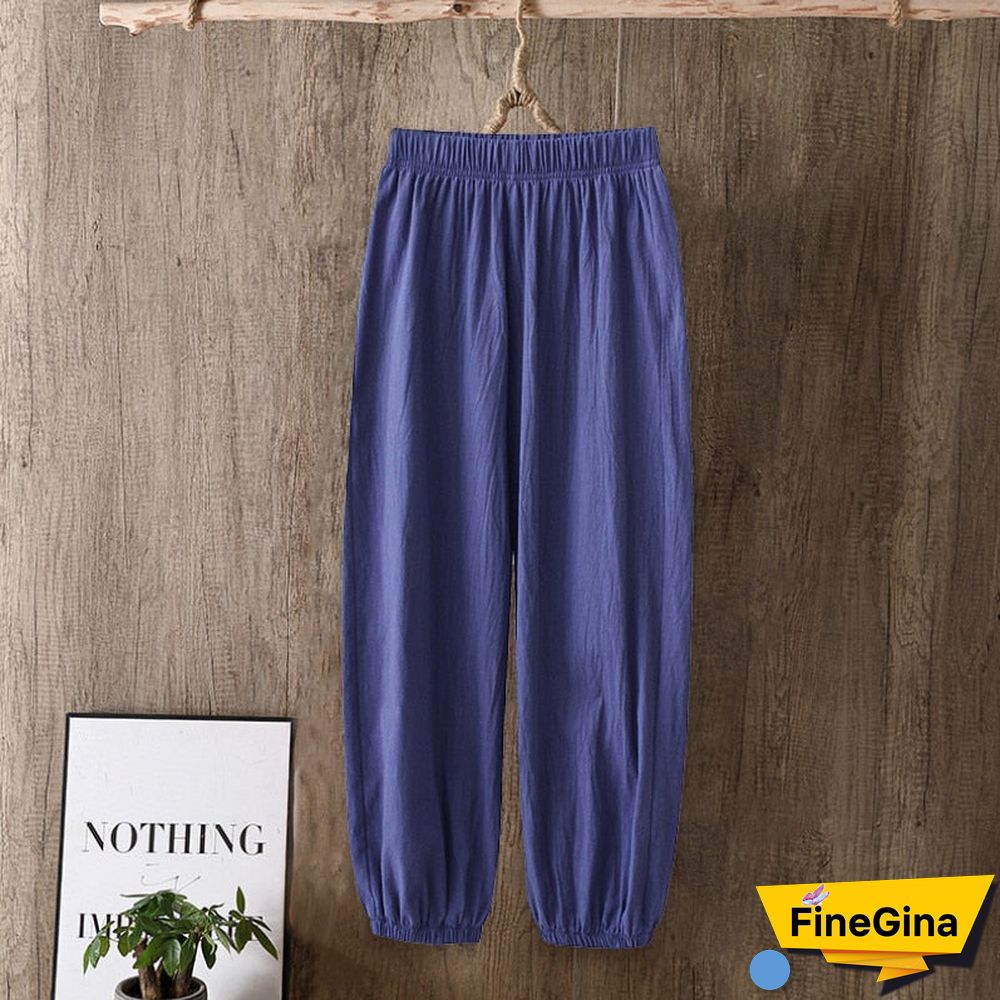 Casual Style Cotton Linen Pants Women Spring Summer New Elastic Waist Solid Basic Retro Loose Women's Harem Pants Trousers