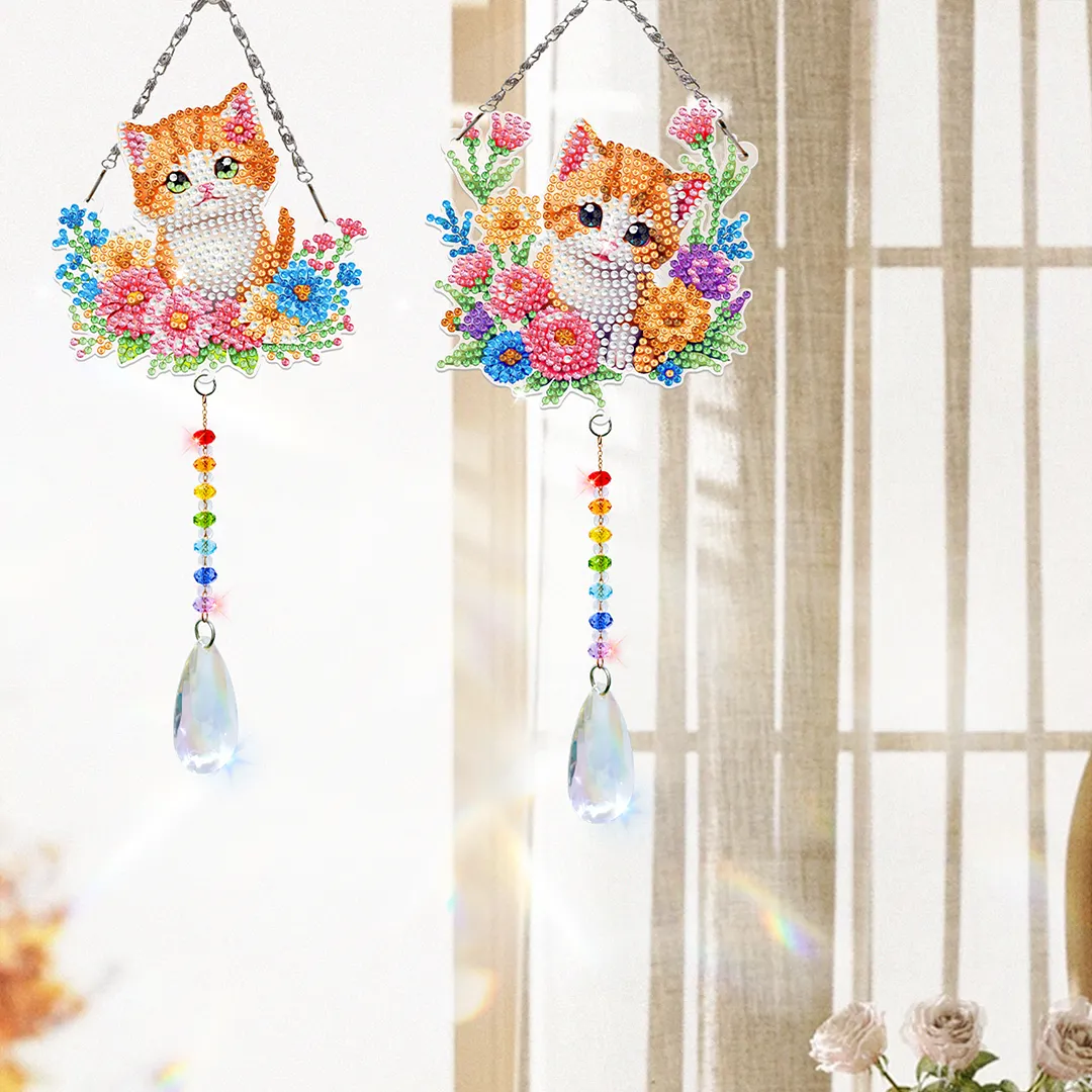 2Pcs Flower Kitten DIY Acrylic Diamond Painting Art Wind Chimes with Crystal Pendant Diamond Art Hanging Pendant Double-Sided for Adults Beginners Gift Home Garden Decor