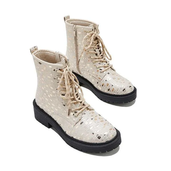 Women Sexy Sequin Lace-Up Ankle Chunky Heel Boots