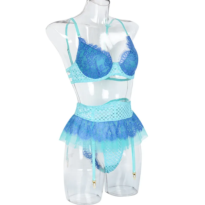 Billionm Sexy Lingerie Women Intimates Lace Underwear Set Push Up Bra Fish Net Nightwear Mesh Sheer See Through Sets Patchwork Color