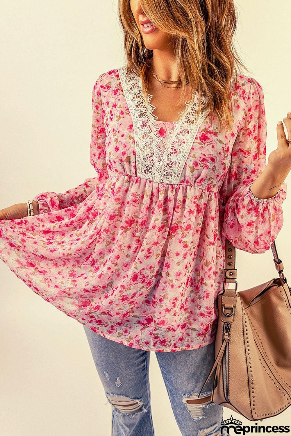 Floral Lace Trim Balloon Sleeve Blouse