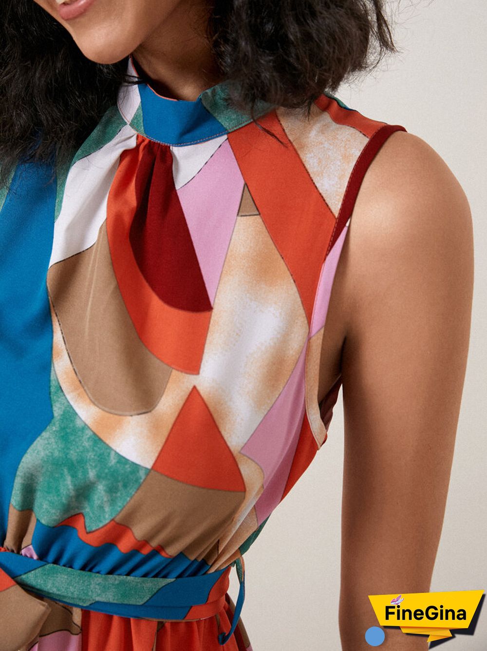 Multicolor Geo Print Stand Collar Sleeveless Maxi Dress