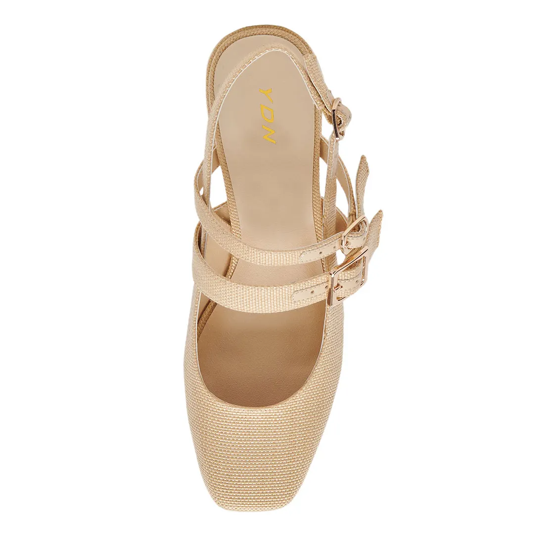 Vegan Leather Square Toe Woven Slingback Decorative Heel Nude Loafers