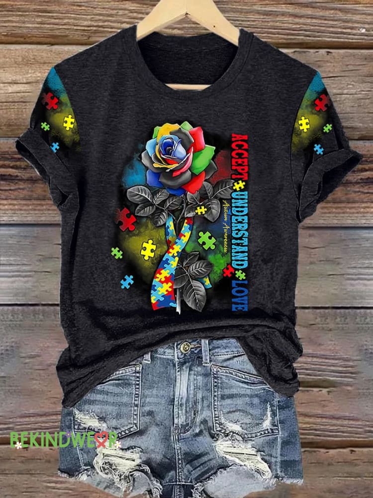 Retro Autism Awareness Accept Understand Love Rose Ribbon Print T-Shirt Black / S