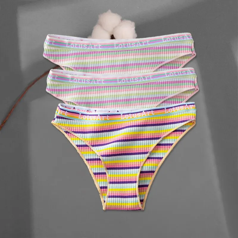 FINETOO 3Pcs/set Colorful Stripes Panties Women's Cotton Briefs M-XL Low-Rise Rainbow Underwear Ladies Underpants Girls Panties