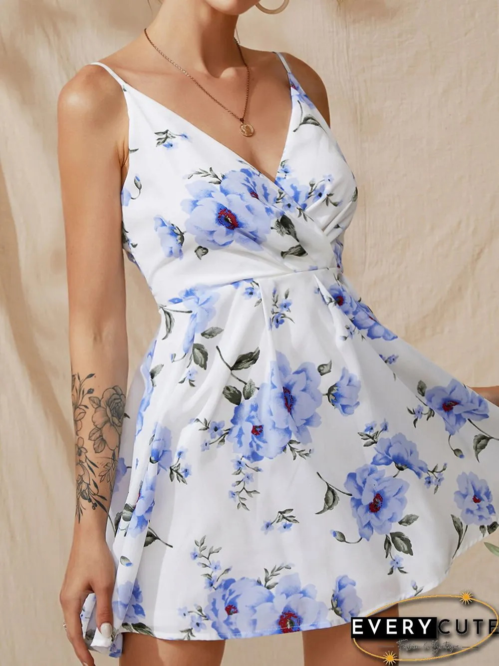 Spaghetti Strap Random Floral Print V-neck Sleeveless Dress
