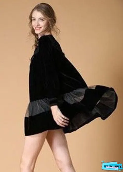 Women Black Embroideried Patchwork Velour Mini Dress Spring