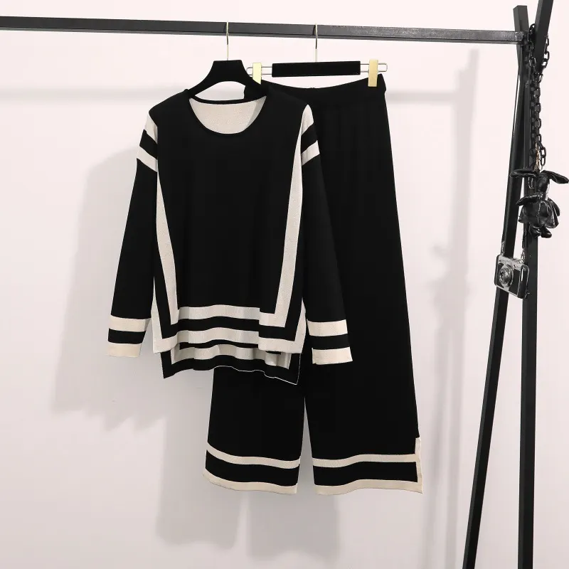 Uveng Uveng Fashion Simple Splicing Loose Long-Sleeved Top High Waist Thin Leg Pants Knitted Two-Set