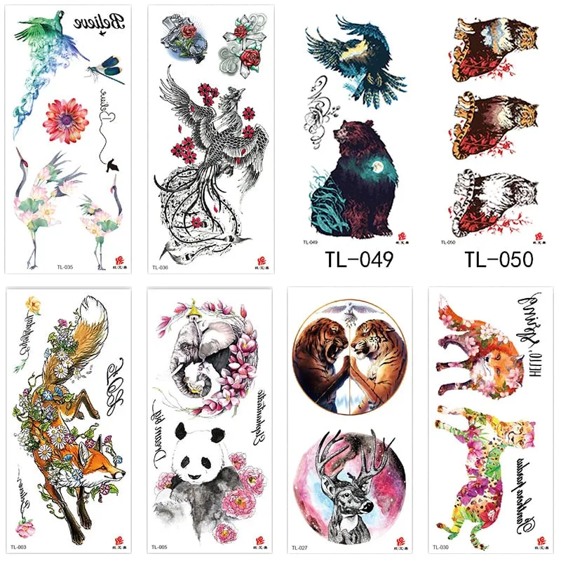 1~8 pieces of animal plants wolf bear bird art tattoo stickers disposable waterproof temporary tattoo stickers for men and women