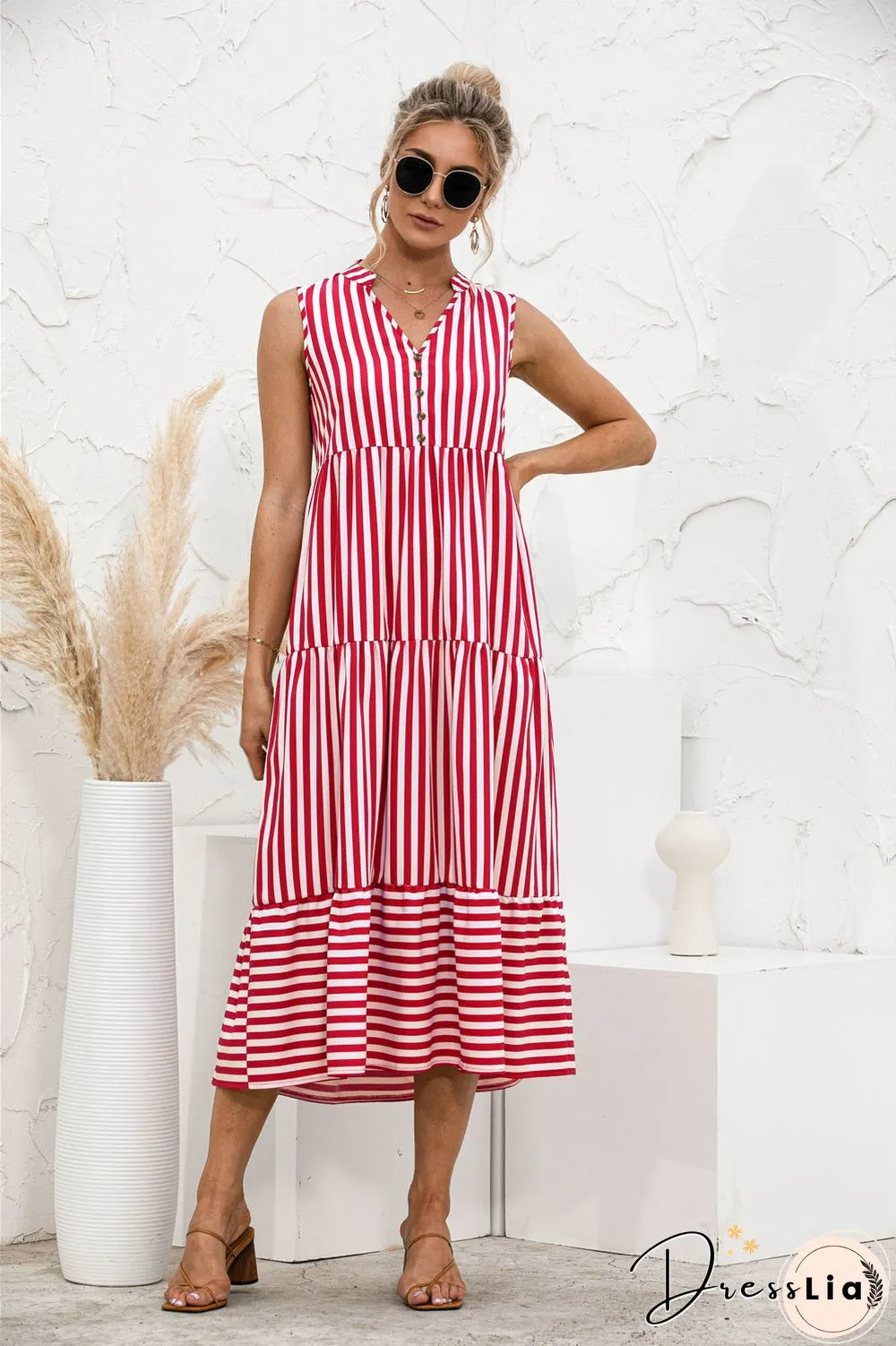 V-neck Striped Button Stitching Dress