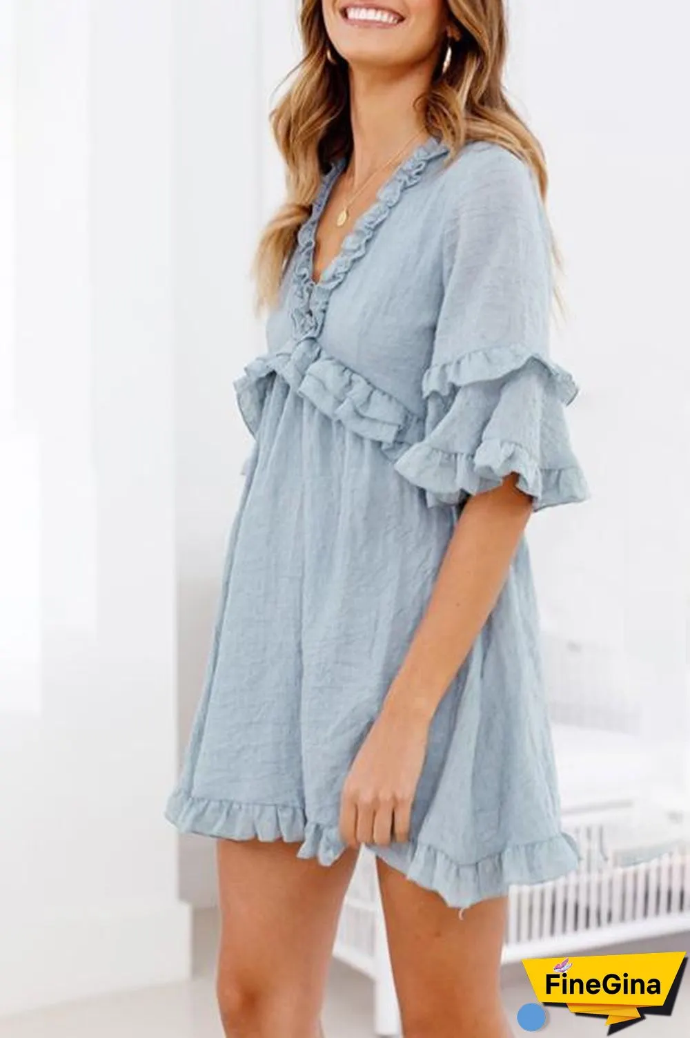 Ruffled Lace-up V-neck Dress